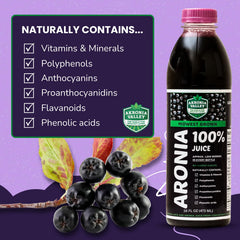 Akronia Valley aronia juice bottle closeup highlighting pure, natural ingredients.