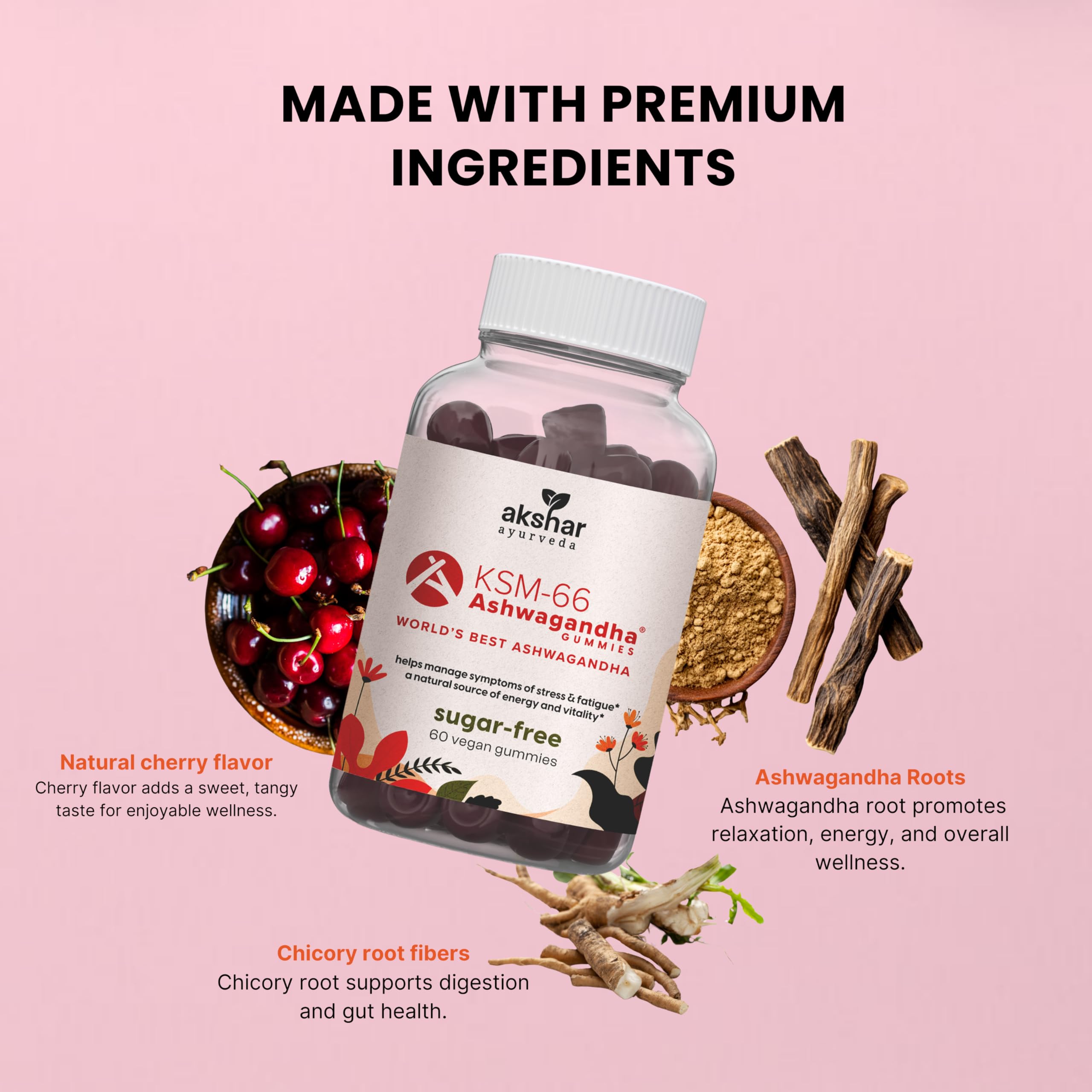 AKSHAR gummies jar closeup showing organic KSM-66 formula.