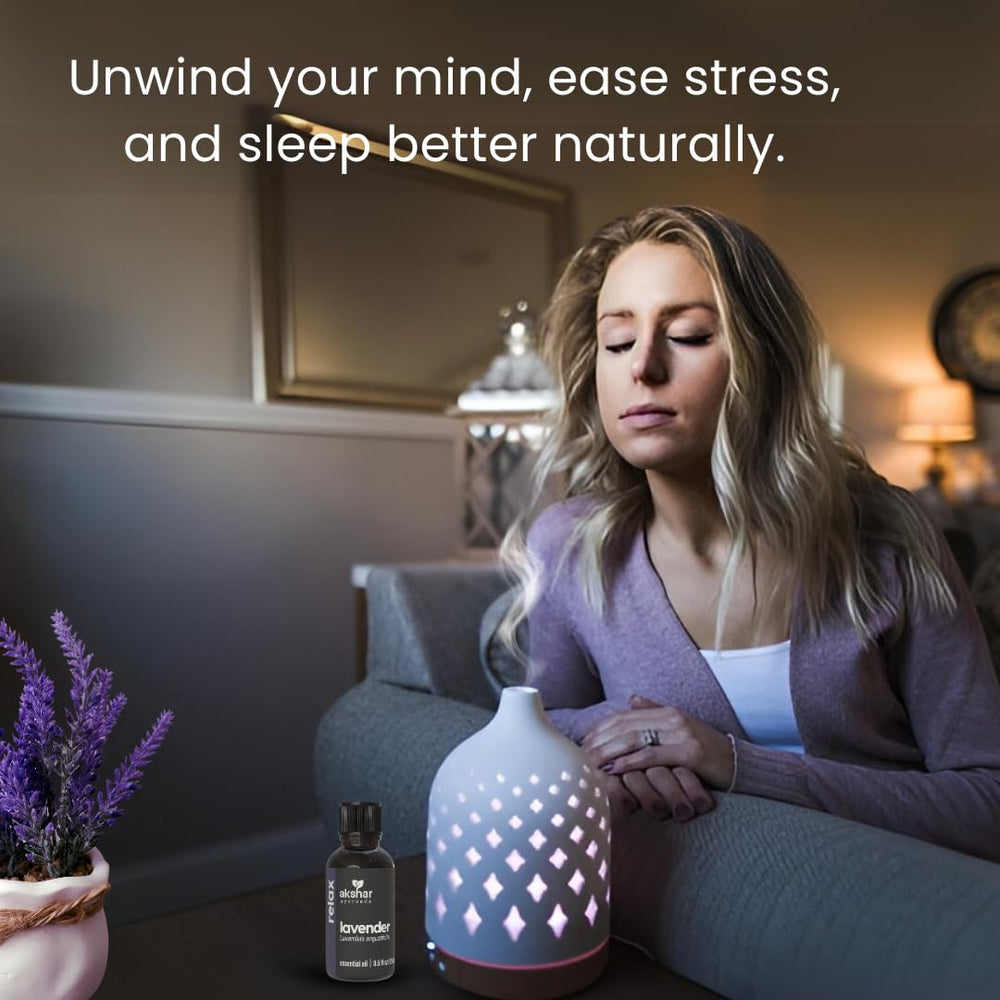 AKSHAR Organic Lavender Oil label emphasizes organic sourcing and quality.