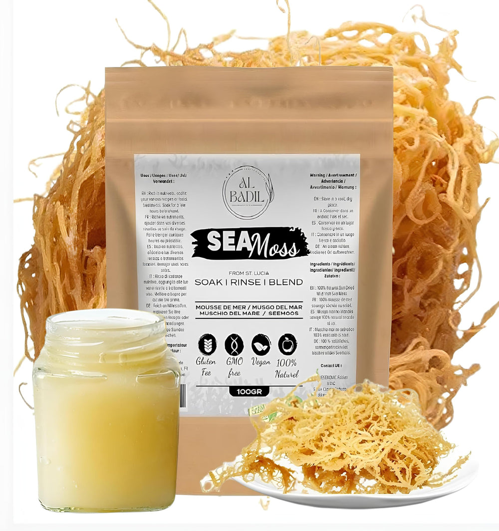 al badil Golden Sea Moss sun-dried bag ready for soaking and gel prep