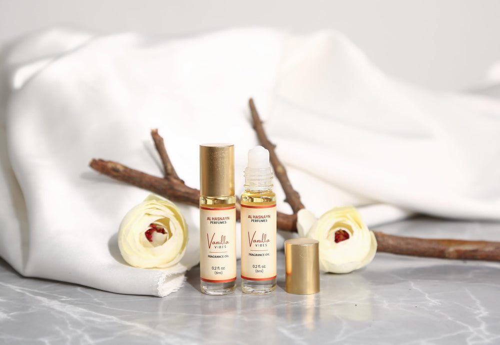 AL HASNAYN Vanilla Vibes rollerball application on skin for quick scent.