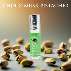 Al-Rehab Choco Musk Pistachio minimalist packaging conveys premium, alcohol-free perfumery.