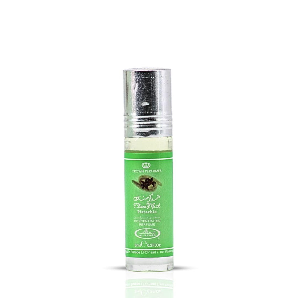 Al-Rehab Choco Musk Pistachio roll-on applying for portable fragrance on the go.
