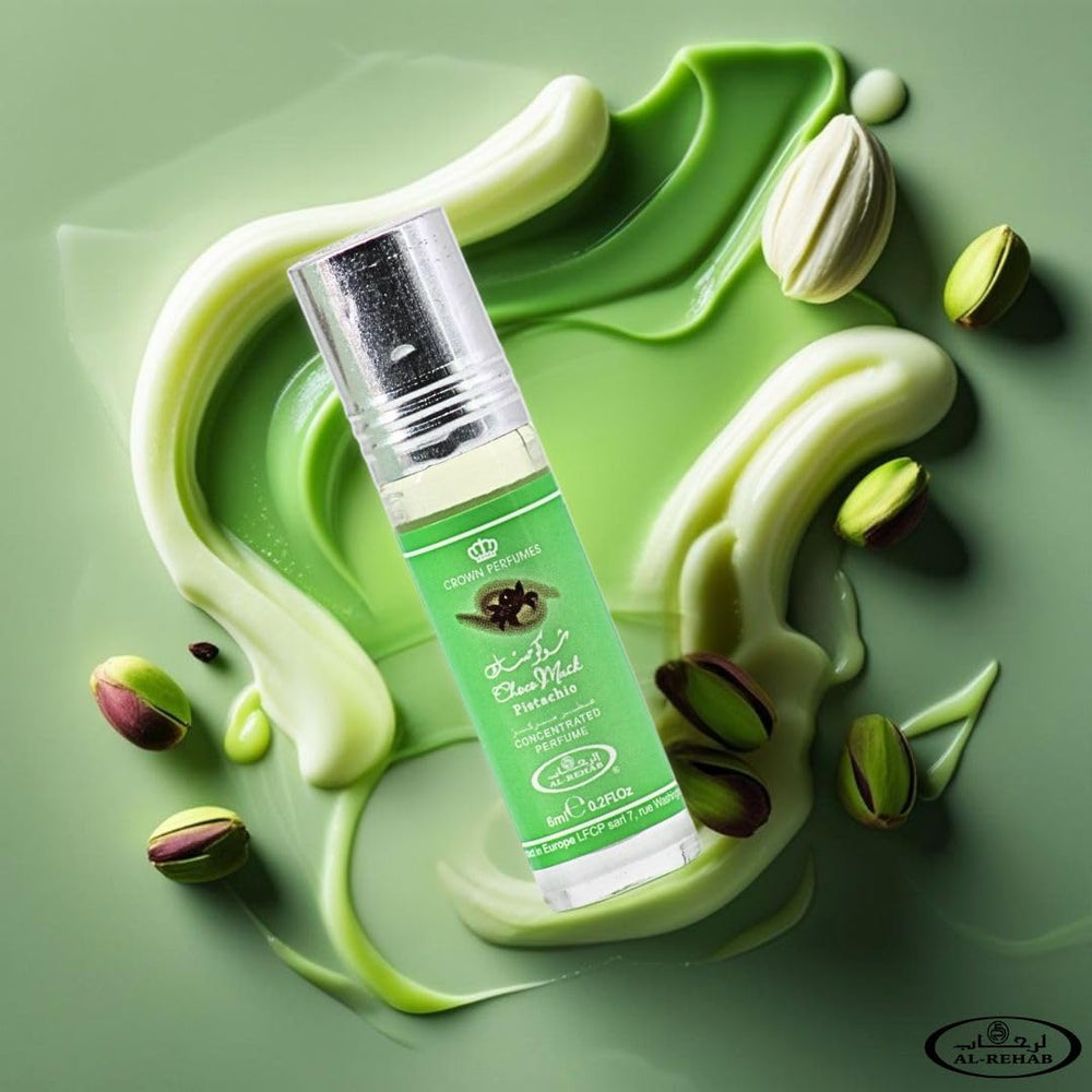 Al-Rehab Choco Musk Pistachio vanilla-amber base provides warm, lasting sweetness.