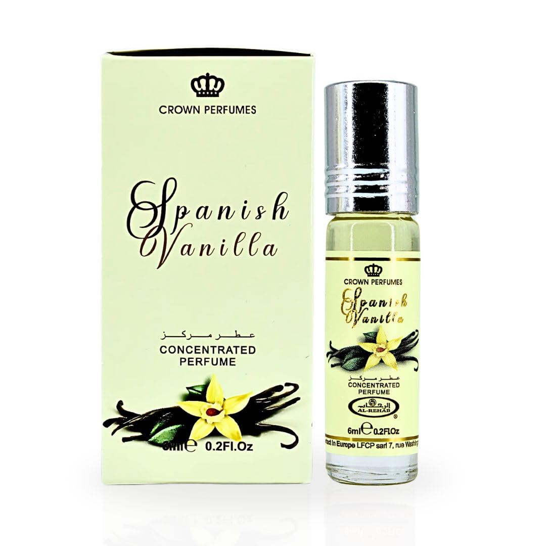 Al-Rehab Spanish Vanilla perfume oil bottle in a 6ml size for on-the-go use.