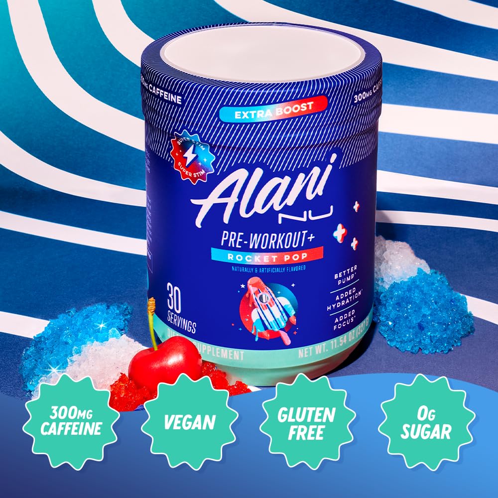 Alani Nu Pre Workout+ Rocket POP flavors including Hawaiian Shaved Ice, Mimosa, and Blue Slush.