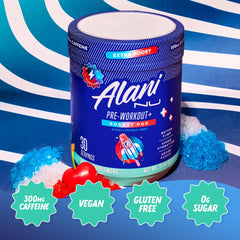 Alani Nu Pre Workout+ Rocket POP flavors including Hawaiian Shaved Ice, Mimosa, and Blue Slush.