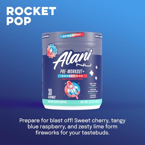 Alani Nu Pre Workout+ Rocket POP label highlighting caffeine and sugar-free formula.