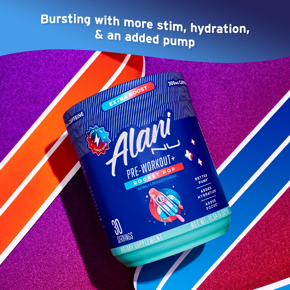 Alani Nu Pre Workout+ Rocket POP powder being mixed for a workout drink.