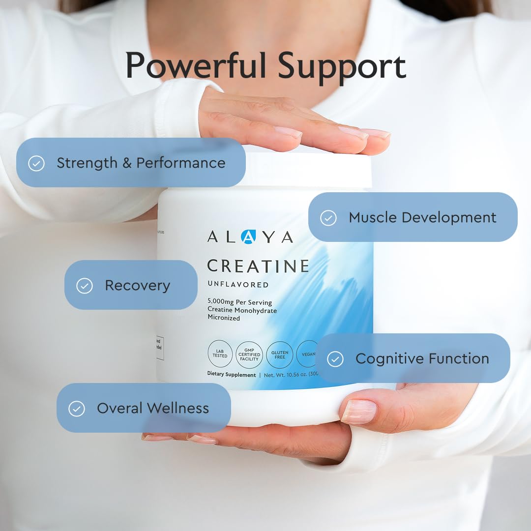 Alaya Naturals creatine powder supports mental energy and focus.