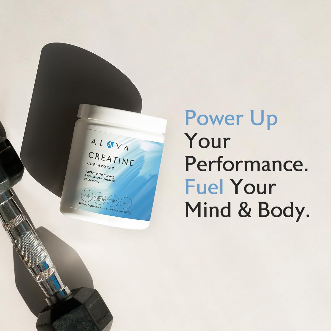 Alaya Naturals creatine powder scoop enables easy daily dosing.
