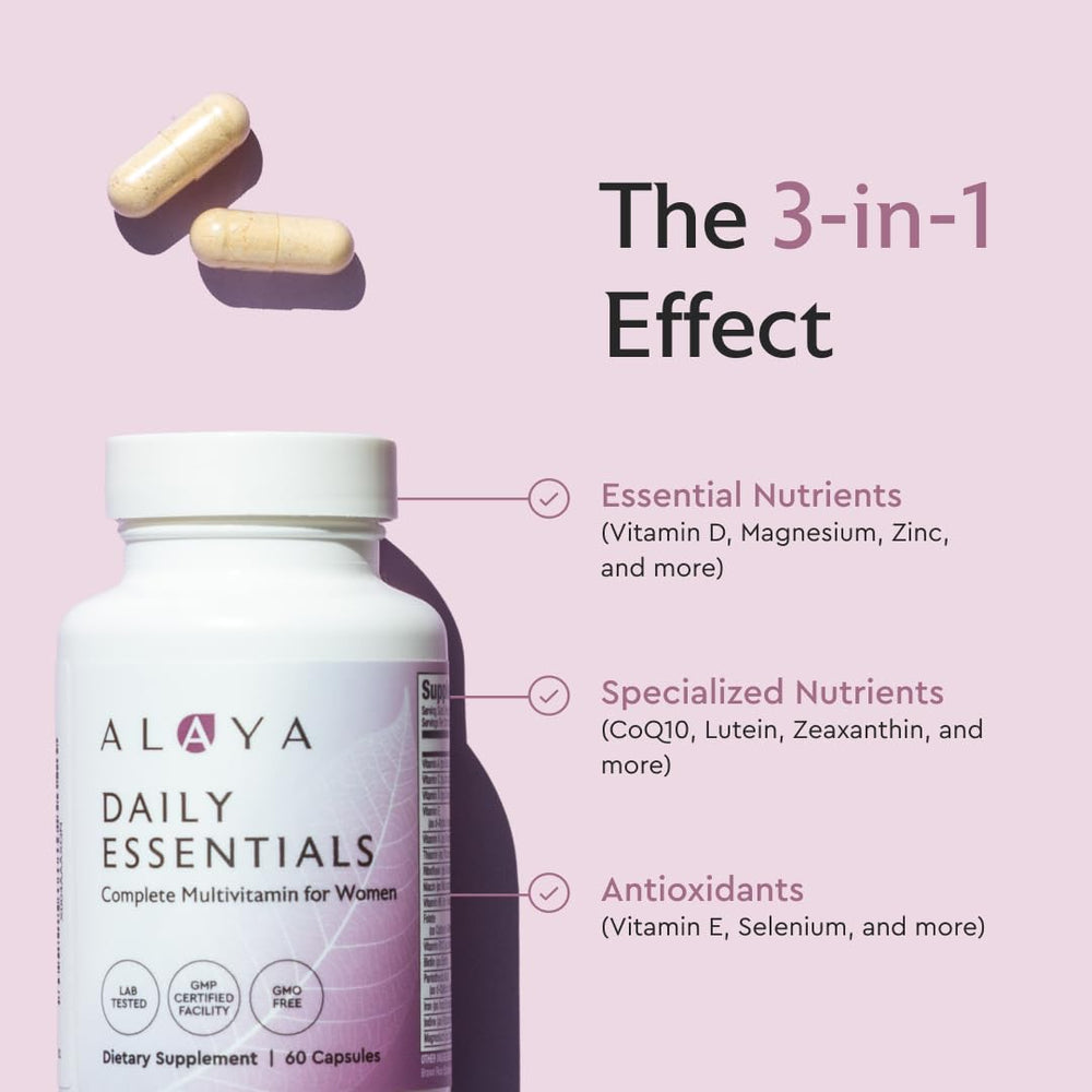 Product label of Alaya Naturals Daily Essentials emphasizing immune and energy support