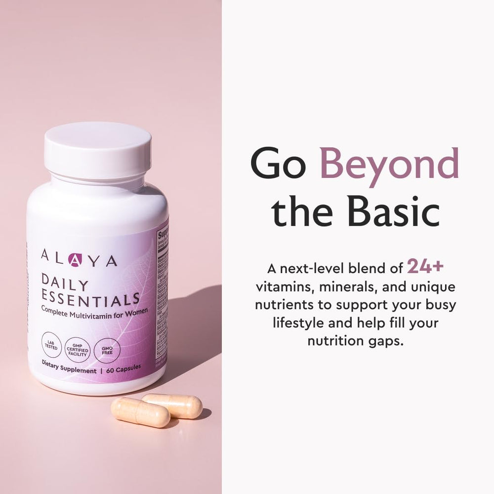Close-up of Alaya Naturals Daily Essentials tablets highlighting absorption