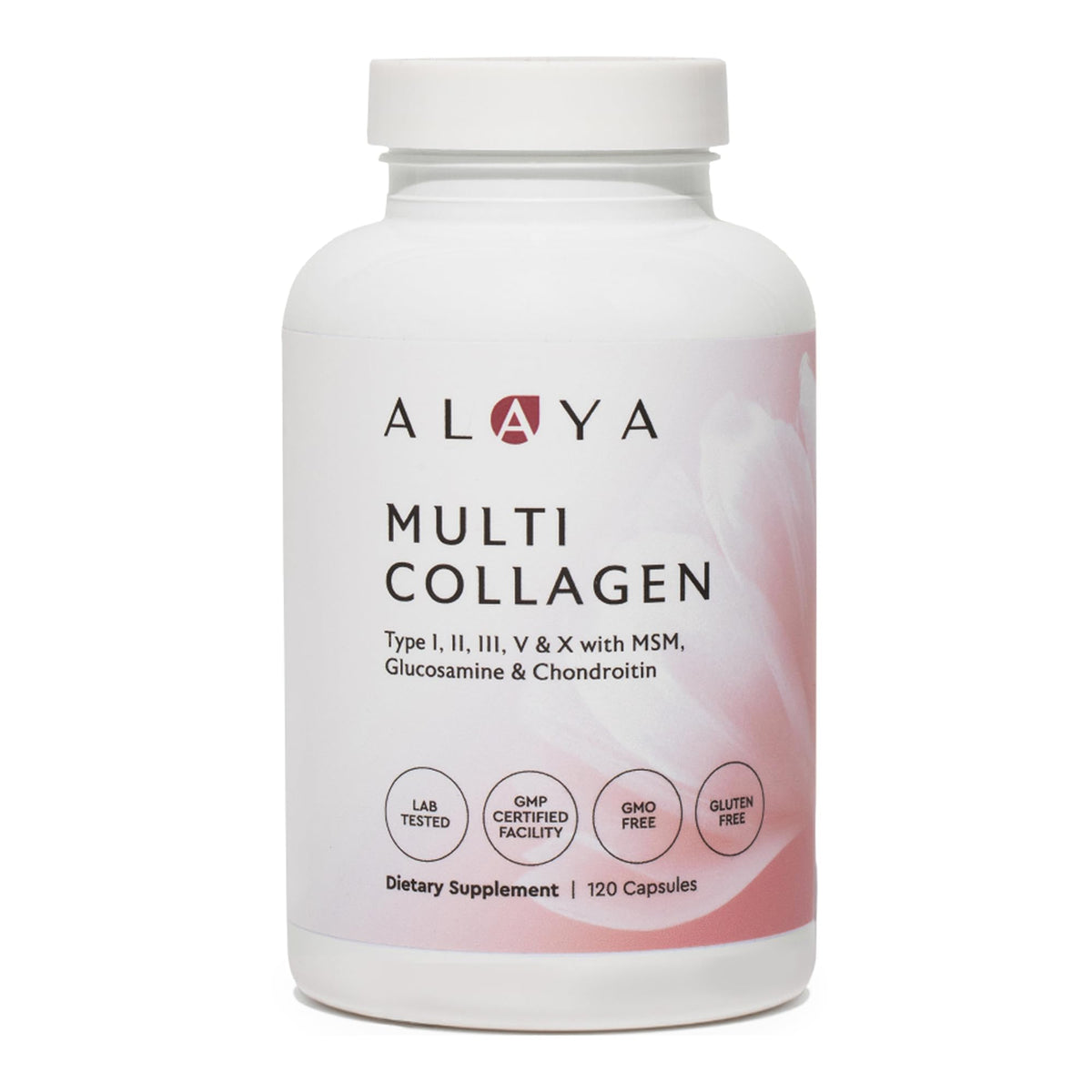 Alaya Naturals hydrolyzed collagen capsules bottle for easy daily use and skin support.