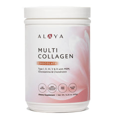 Alaya Naturals Multi Collagen Powder chocolate front label, potential support for skin and joints