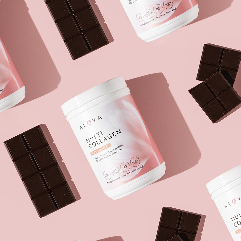 Alaya Naturals Multi Collagen Powder chocolate label details including MSM, glucosamine and chondroitin blend
