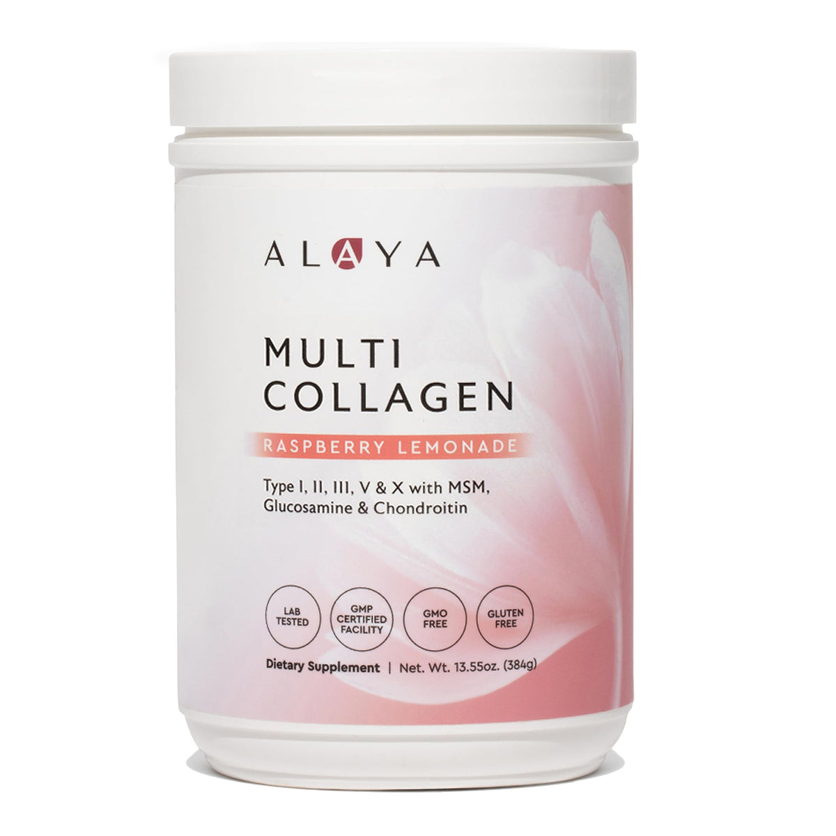 Alaya Naturals multi collagen powder tub front showing all-in-one blend for daily support