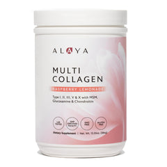 Alaya Naturals multi collagen powder tub front showing all-in-one blend for daily support