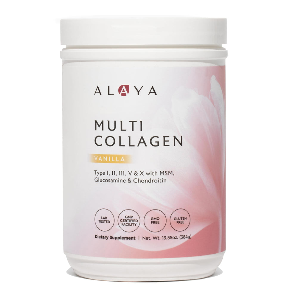 Alaya Naturals Multi Collagen Vanilla bottle, convenient daily supplement for skin and joint support.