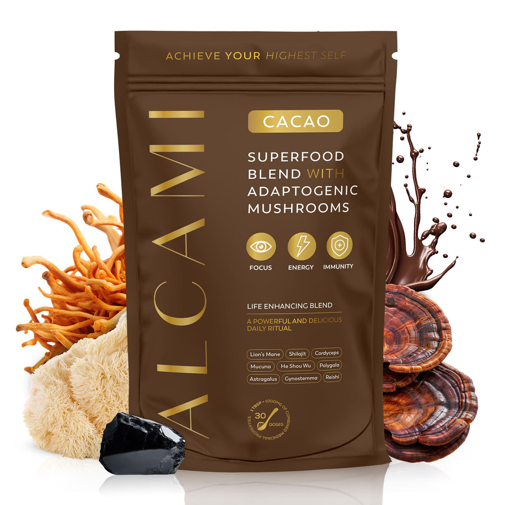 Alcami Elements cacao mushroom coffee bottle for sustained energy and focus.