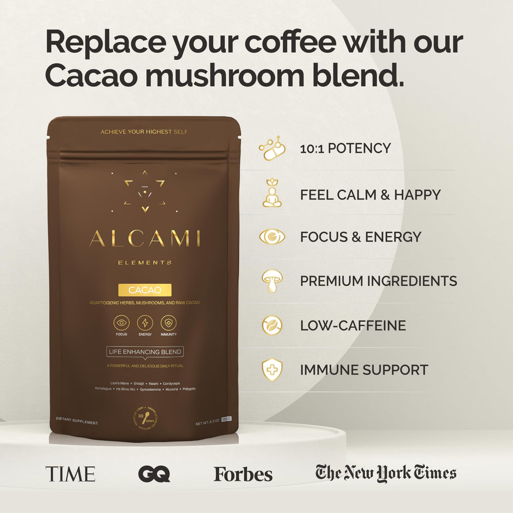 Alcami Elements chocolate mushroom powder scoop ready for daily ritual.