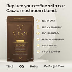 Alcami Elements chocolate mushroom powder scoop ready for daily ritual.