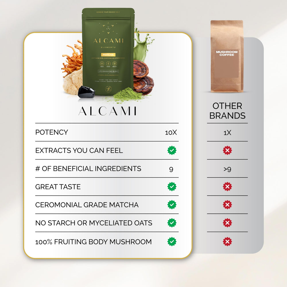 Alcami Elements Matcha Mushroom Coffee ingredients bottle highlights premium mushrooms and matcha.