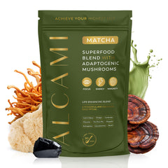 Alcami Elements Matcha Mushroom Coffee jar promotes steady energy and focus.