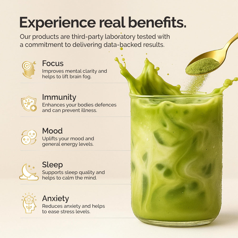 Alcami Elements Matcha Mushroom Coffee powder swirling in water for easy mix.