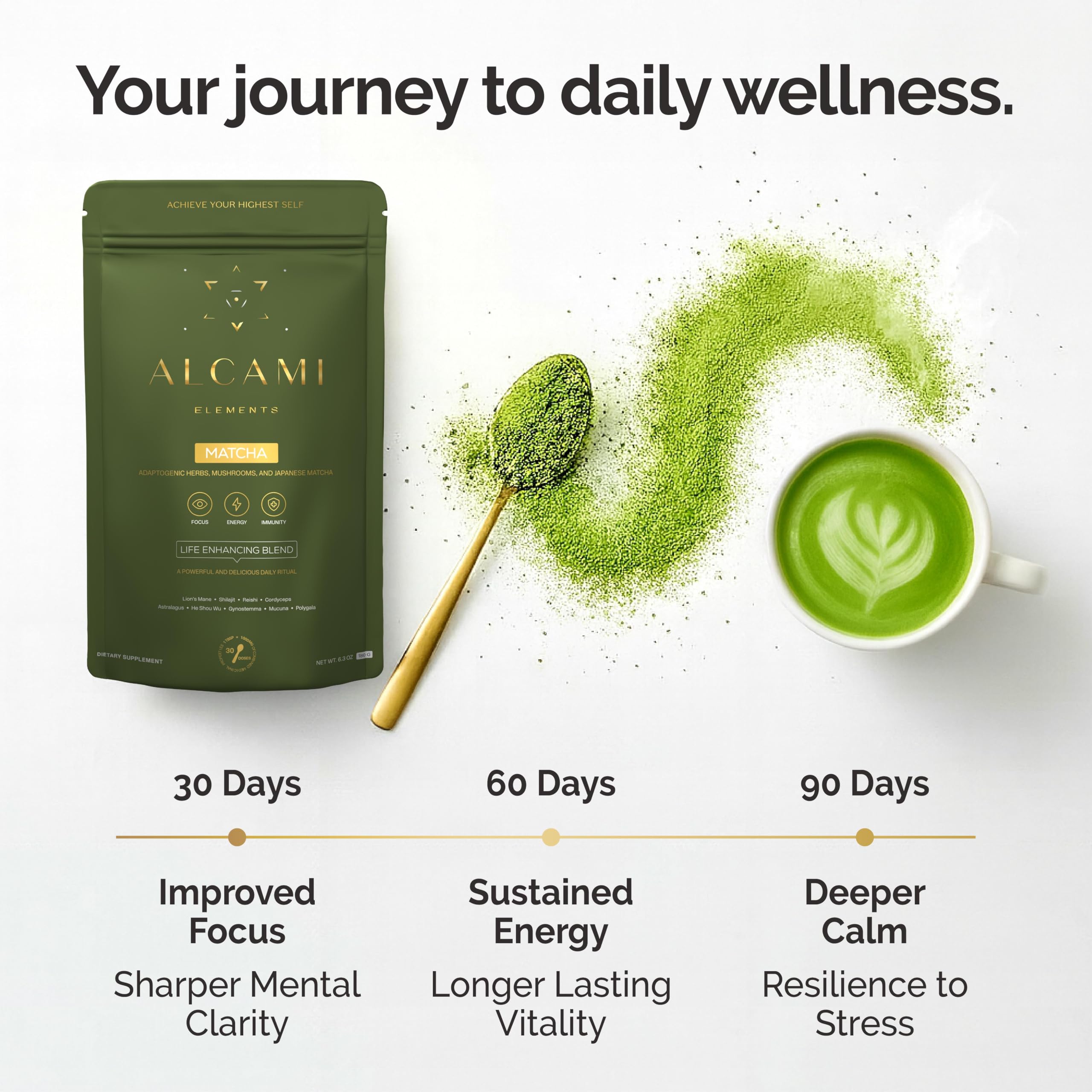 Alcami Elements Matcha Mushroom Coffee scoop enables quick, precise daily servings.