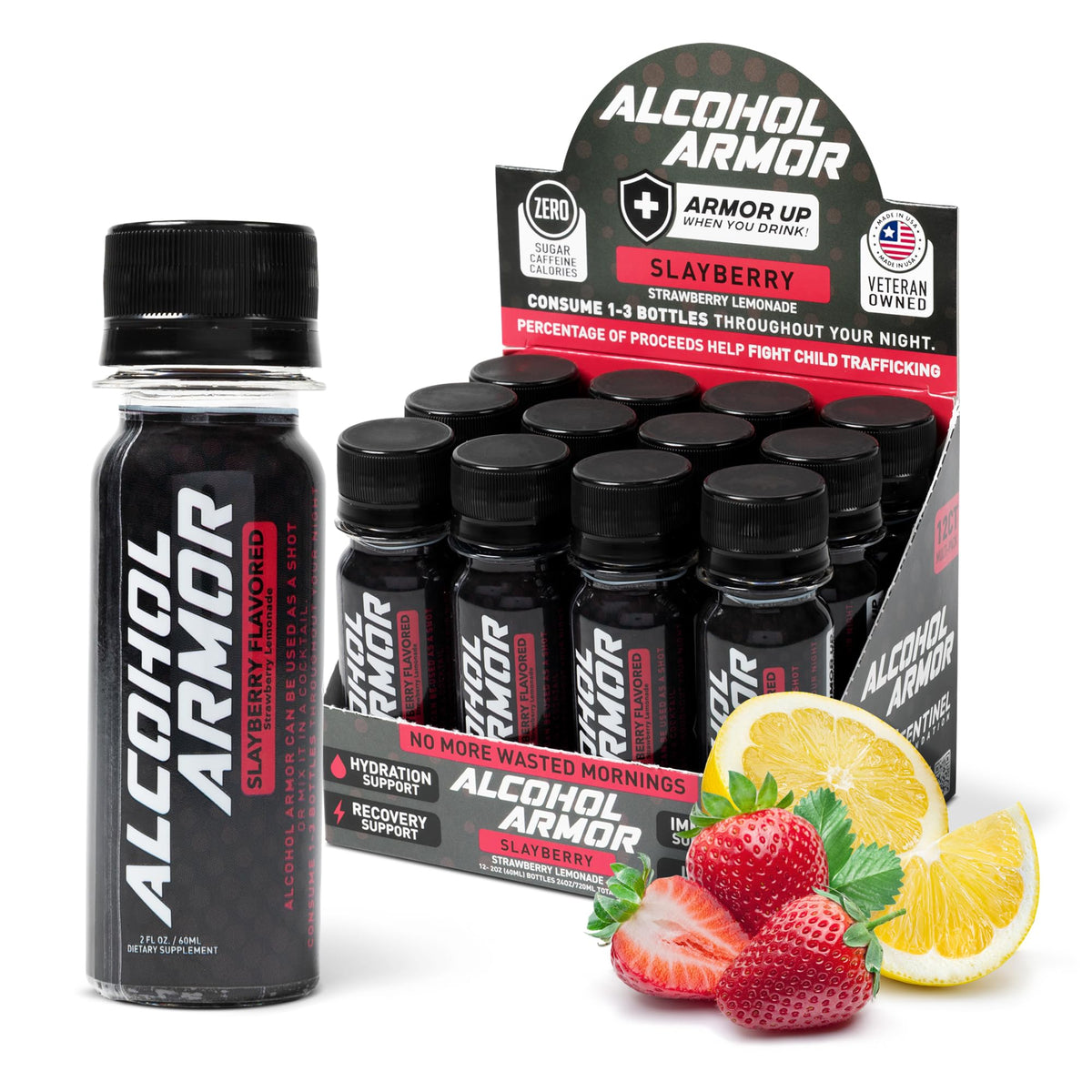 Alcohol Armor Recovery Shot 12-pack box for easy, portable post-night hydration.