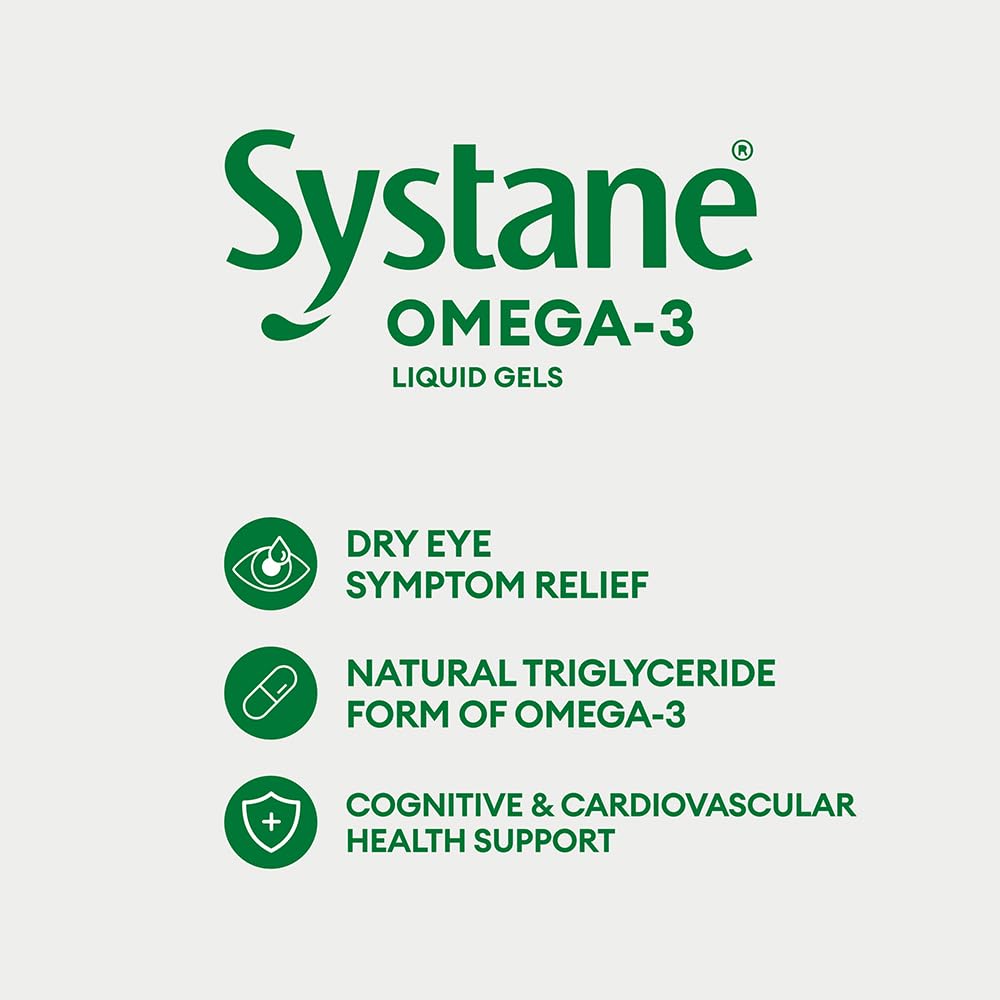 Close-up of Alcon Systane Omega-3 softgel capsule highlighting EPA and DHA