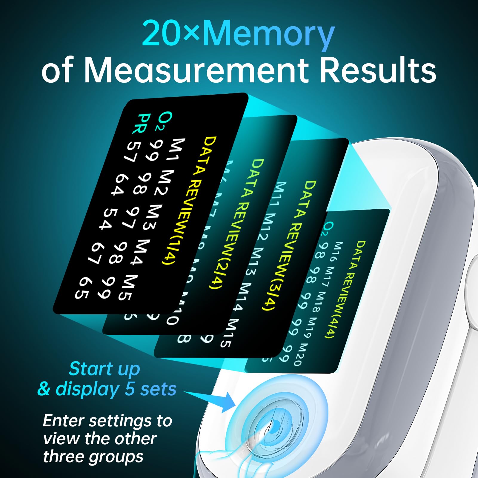 Alecaremed Pulse Oximeter memory feature showing recent results on startup.