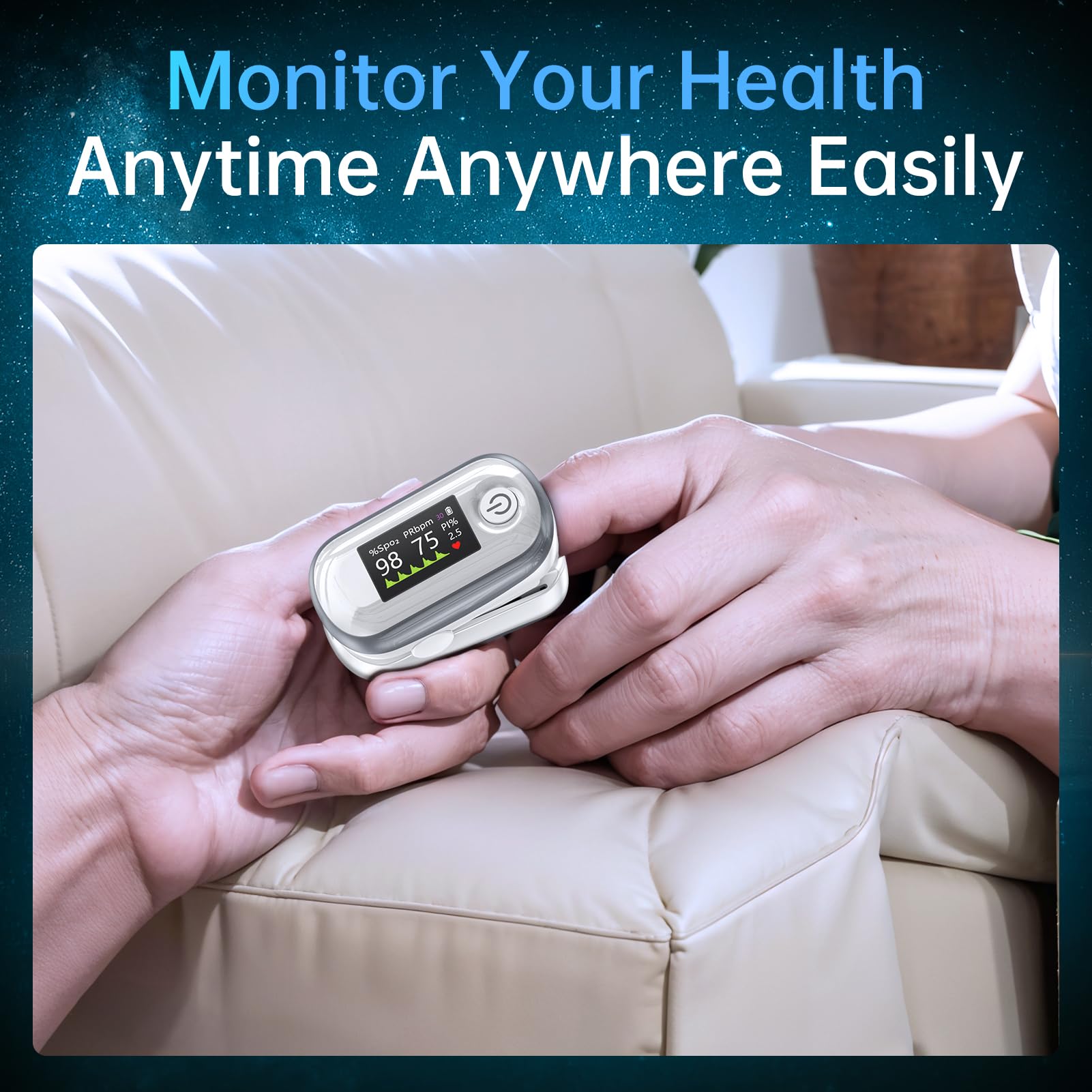 Alecaremed Pulse Oximeter shows SpO2 and PR in real time on the digital readout.