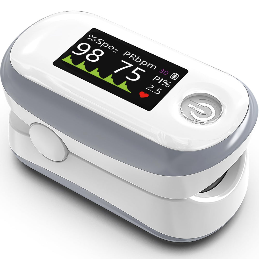 Alecaremed Pulse Oximeter front view with white body and bright OLED display for easy reading.