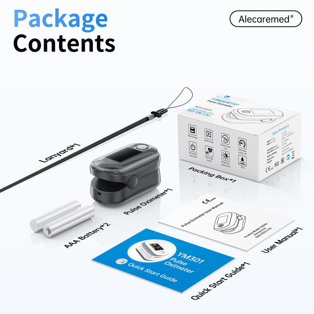 Alecaremed pulse oximeter in the box highlights complete kit.