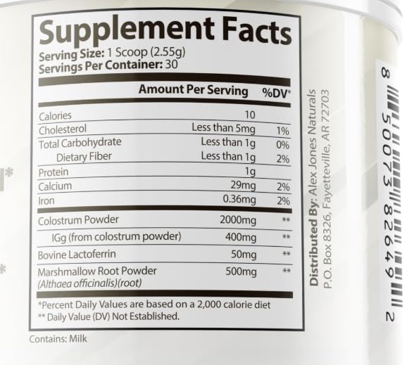 Alex Jones Naturals bovine colostrum bottle showing purity and dosage.