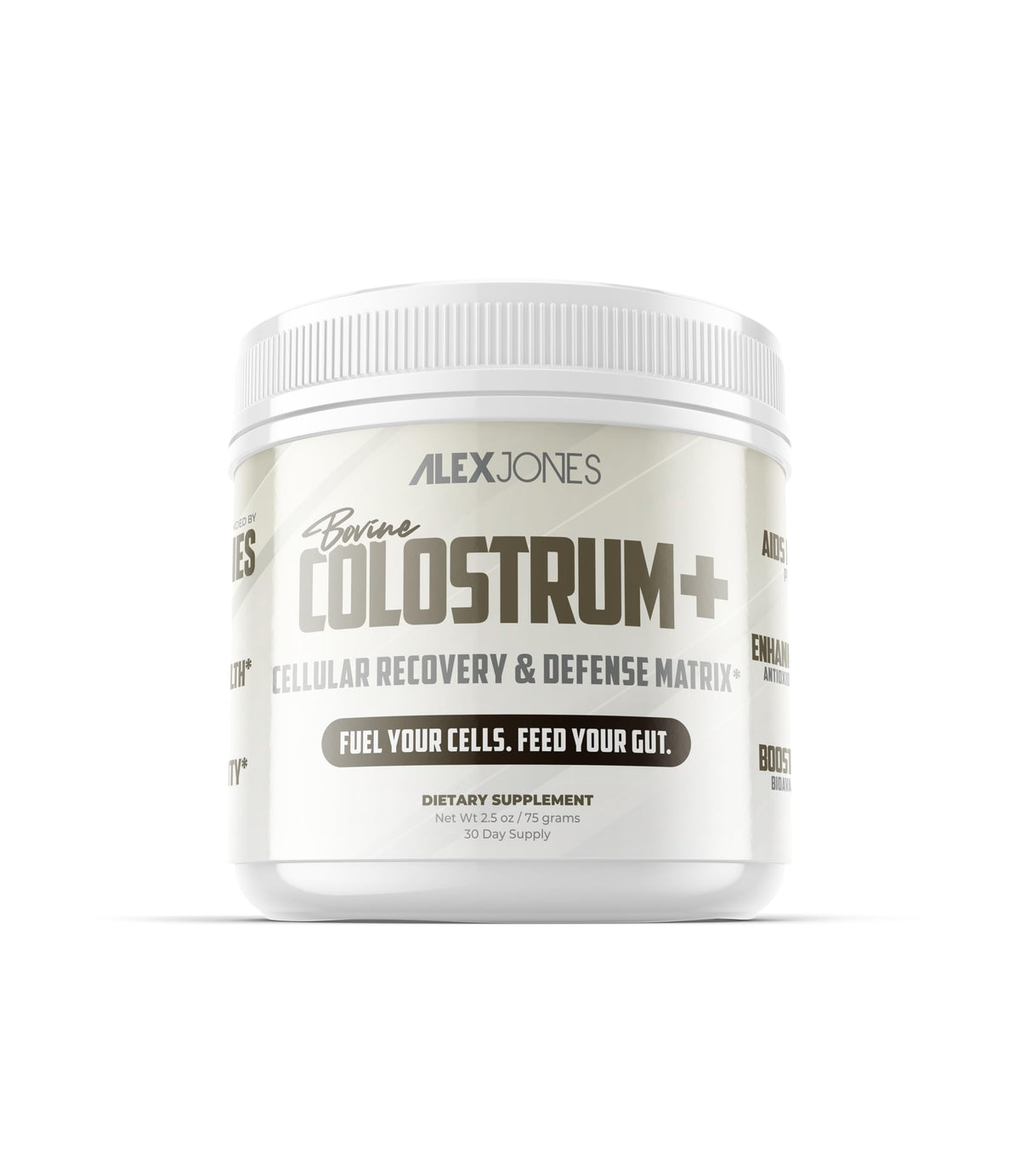 Alex Jones Naturals bovine colostrum powder with scoop for daily wellness.