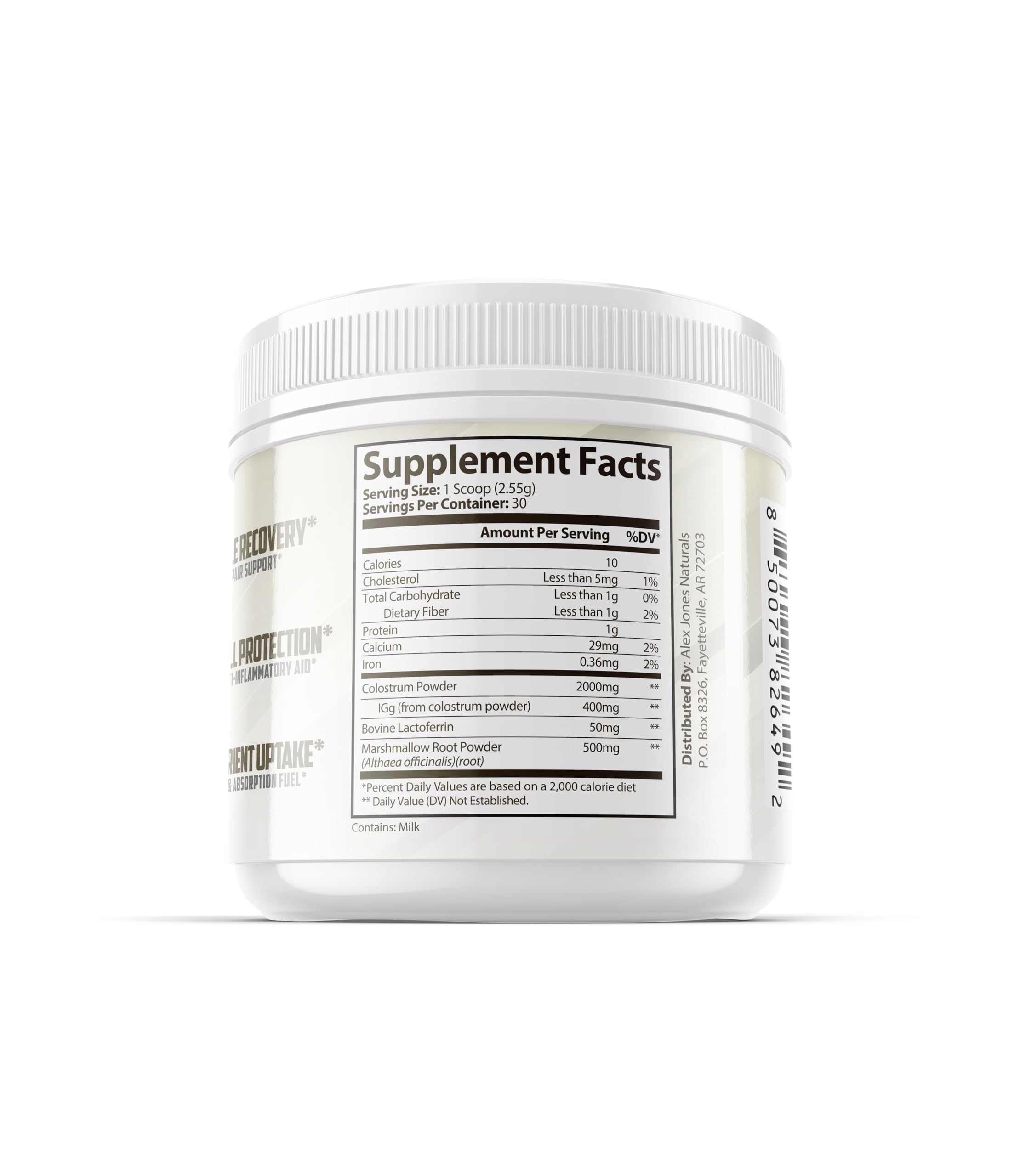 Alex Jones Naturals lactoferrin and marshmallow root illustration supports digestive comfort.
