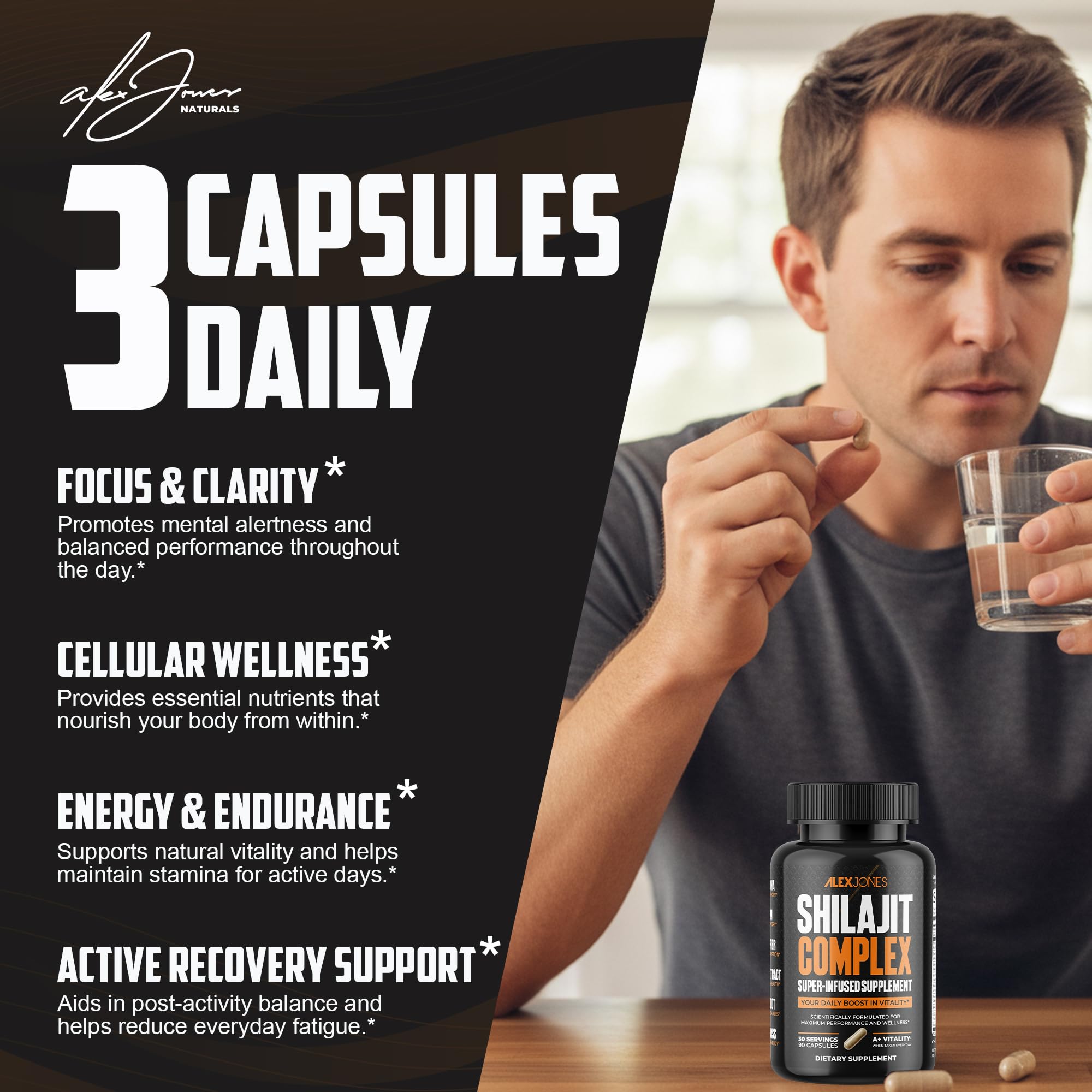 Alex Jones Naturals Maximum Vitality Shilajit bottle label closeup highlighting premium ingredients