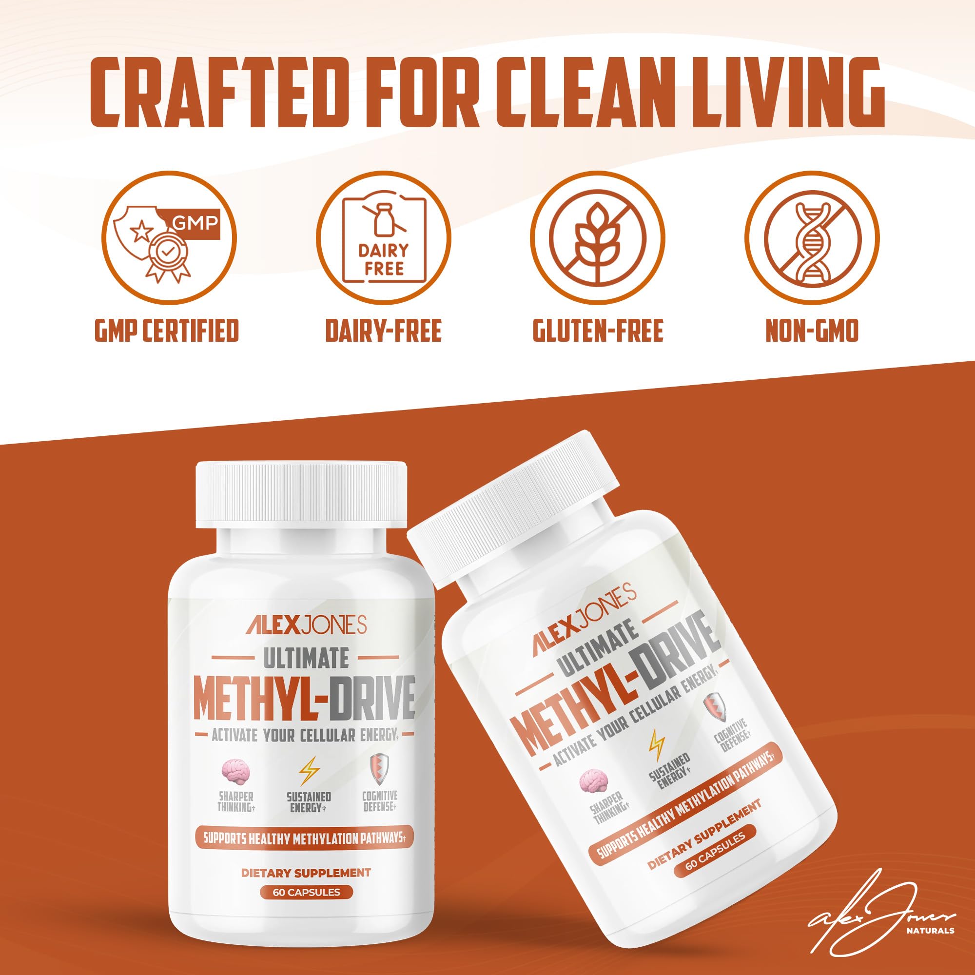 Bottle of Alex Jones Naturals Methyl Drive showing BioPerine for enhanced absorption.