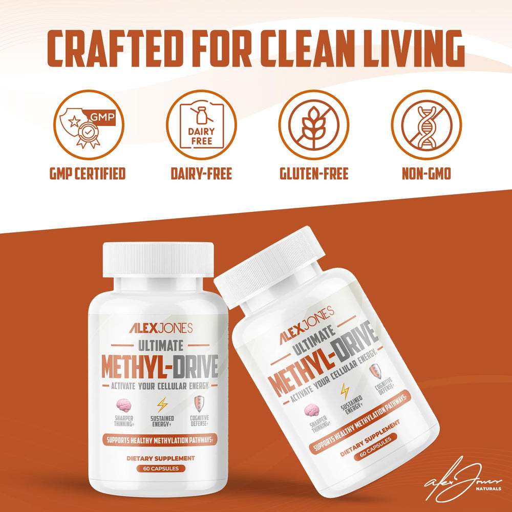 Bottle of Alex Jones Naturals Methyl Drive showing BioPerine for enhanced absorption.