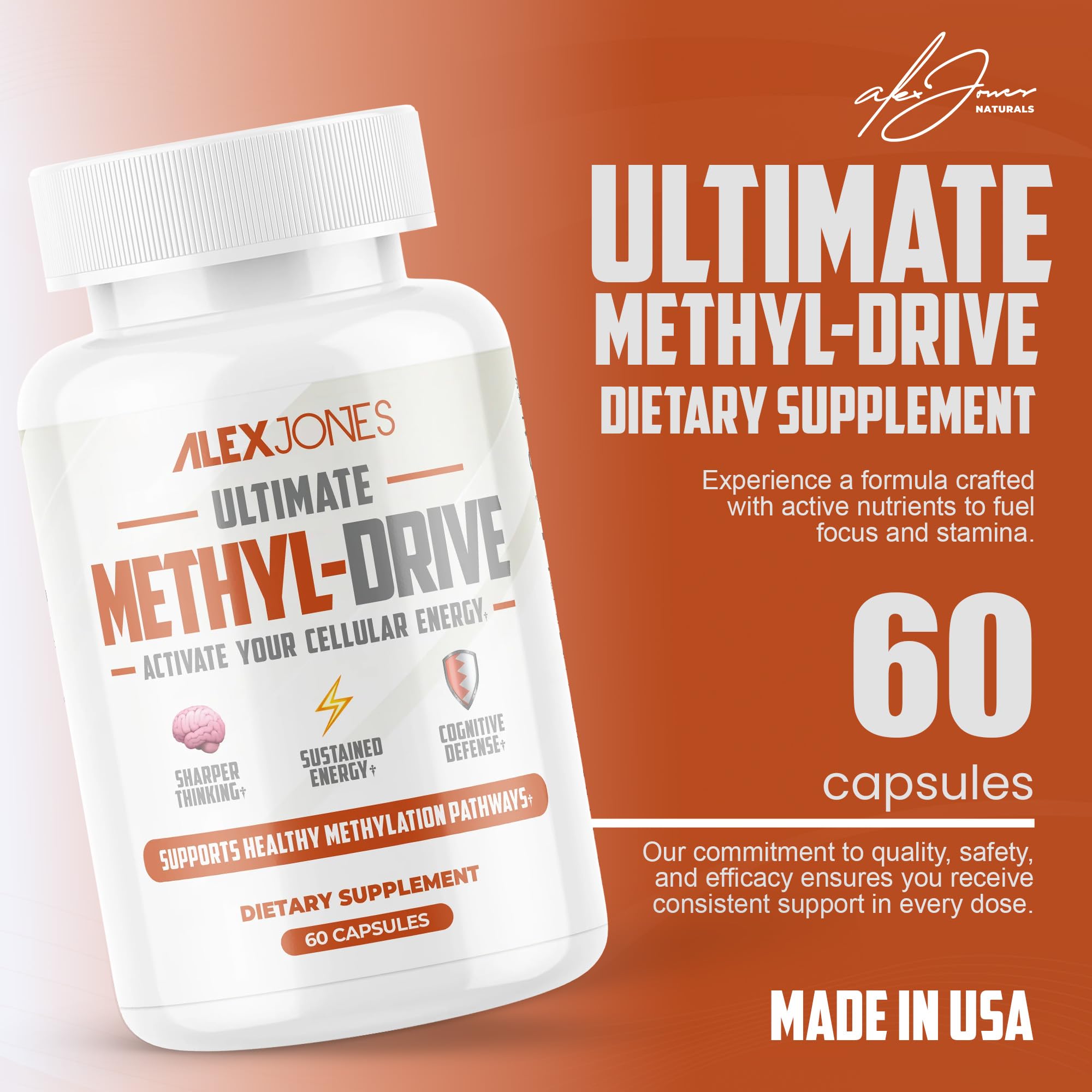 Alex Jones Naturals Methyl Drive bottle displayed on a store shelf for easy daily use.