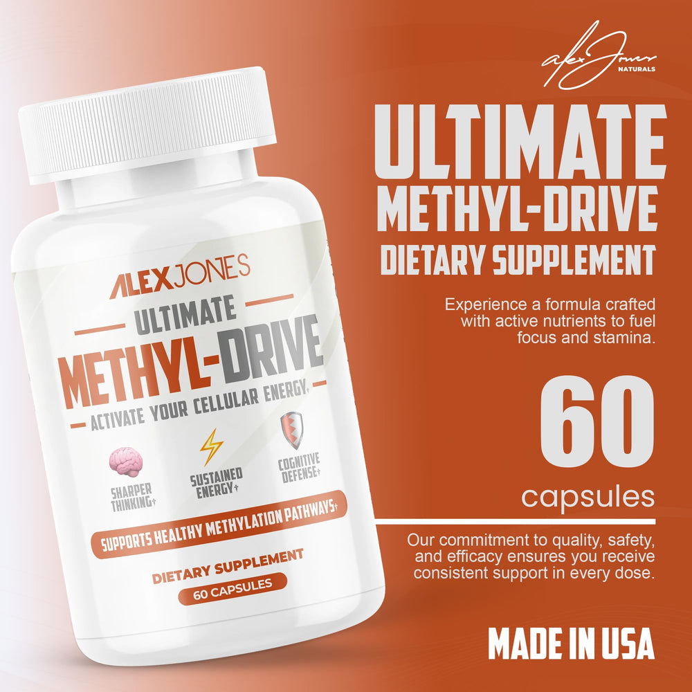 Alex Jones Naturals Methyl Drive bottle displayed on a store shelf for easy daily use.