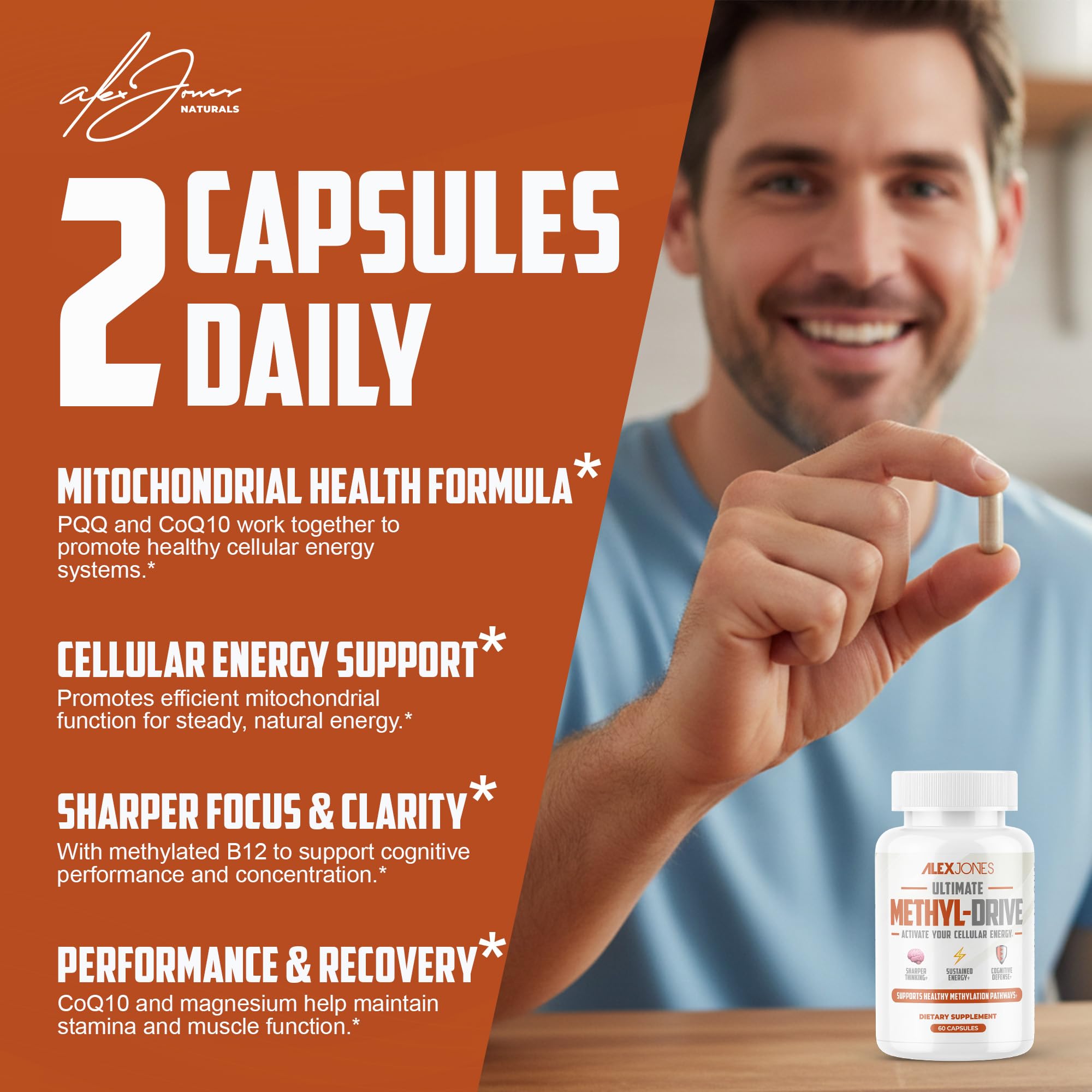 Closeup of Alex Jones Naturals Methyl Drive capsules highlighting methylated B complex.