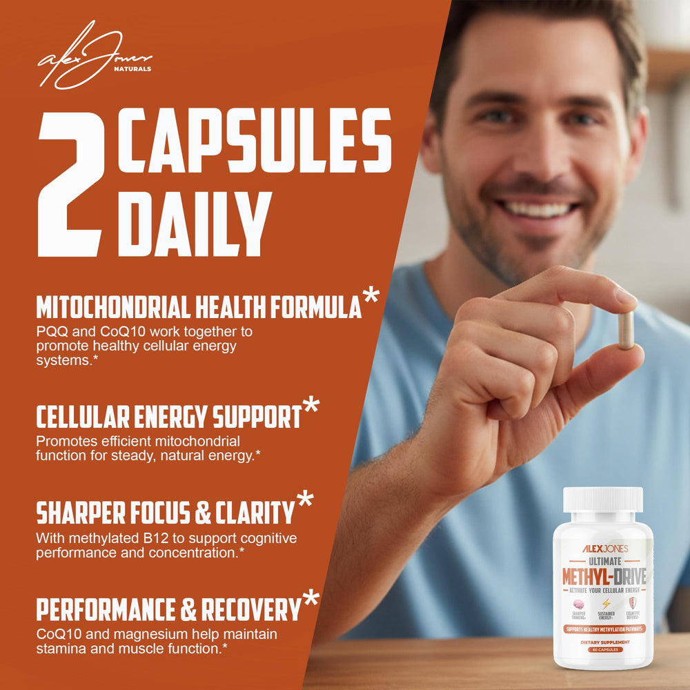 Closeup of Alex Jones Naturals Methyl Drive capsules highlighting methylated B complex.