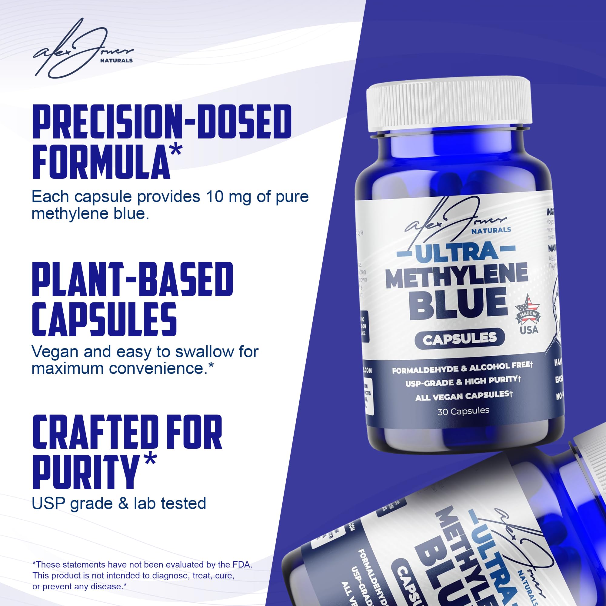 Alex Jones Naturals Methylene Blue capsules close-up, vegan-friendly and unflavored.