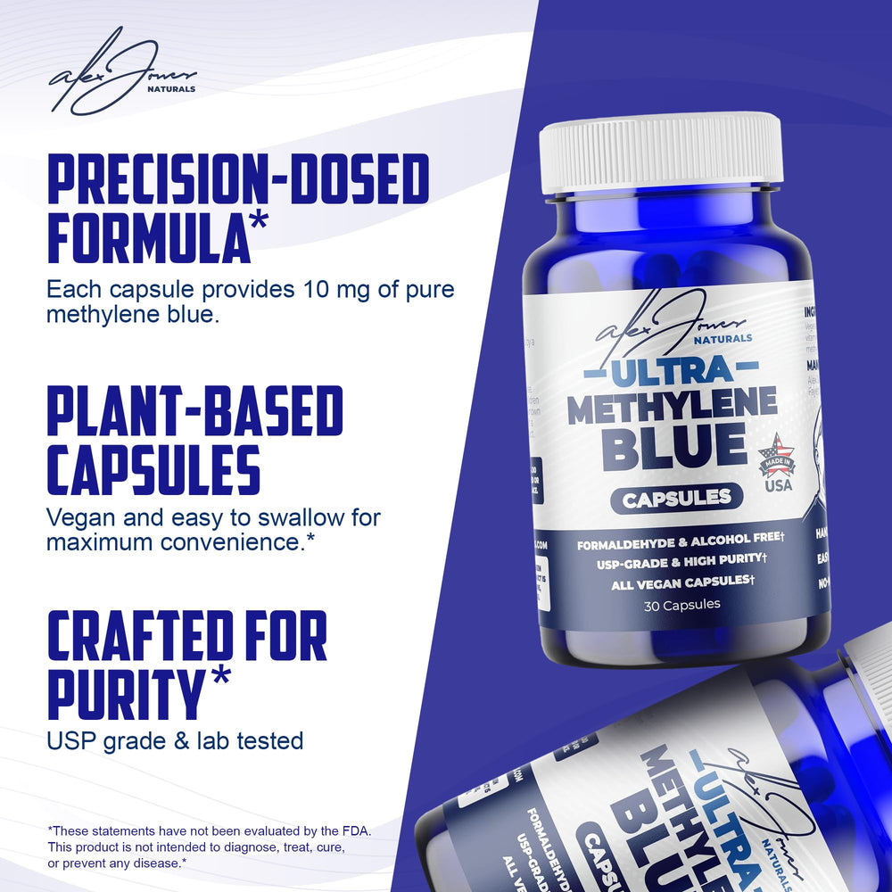 Alex Jones Naturals Methylene Blue capsules close-up, vegan-friendly and unflavored.