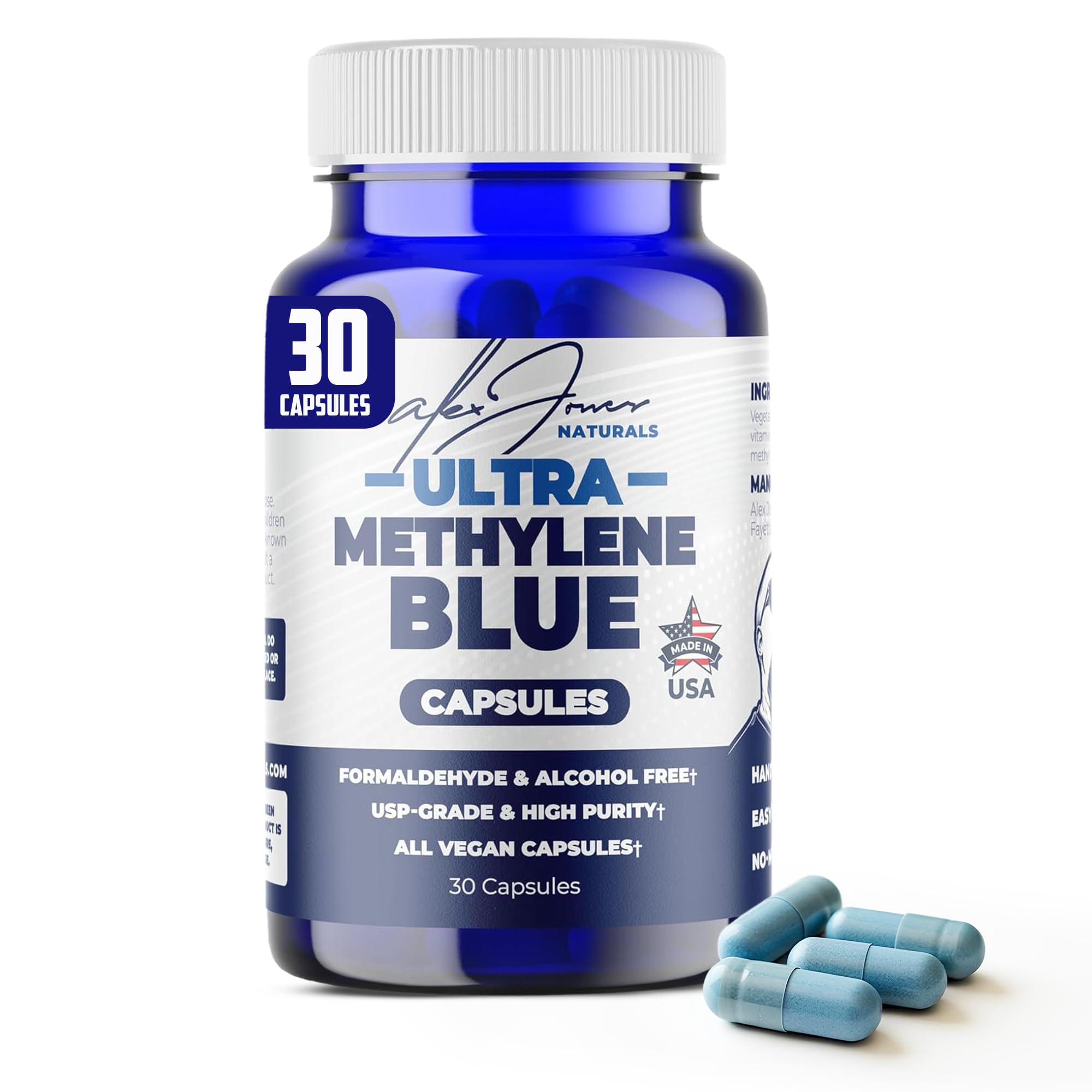 Alex Jones Naturals Methylene Blue Tablets bottle on display highlighting high-purity capsules.