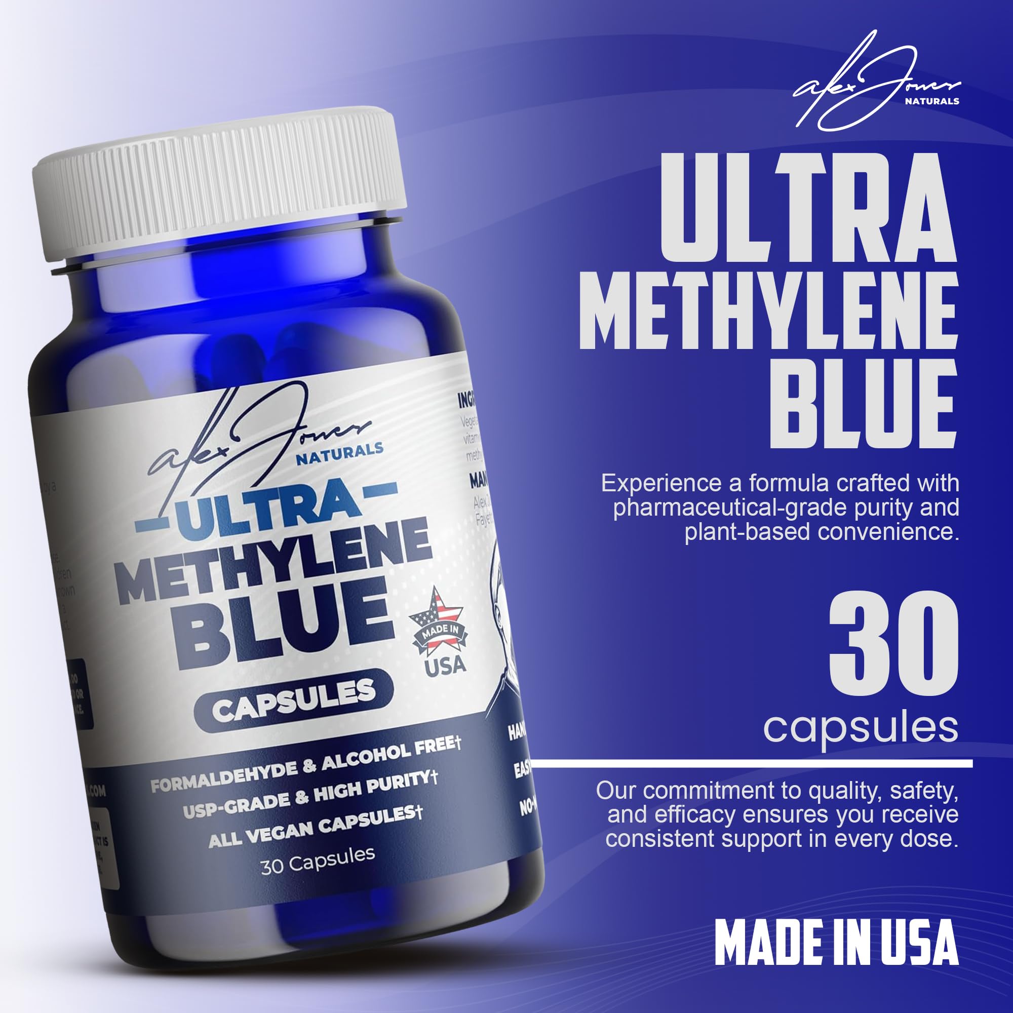 Alex Jones Naturals third-party tested methylene blue capsules.